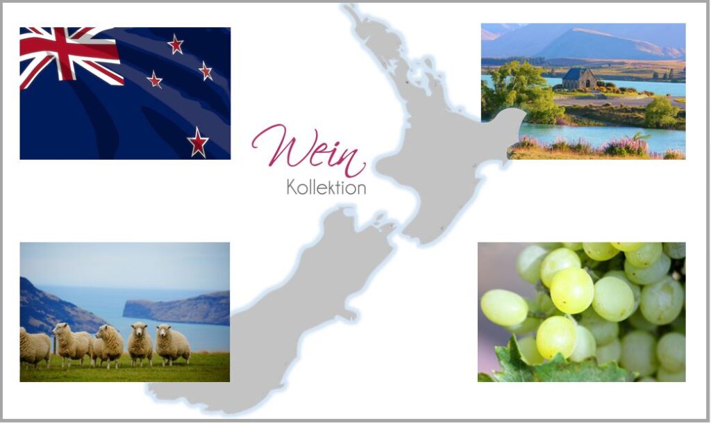 Bildcollage mit Neuseelandflagge, Schafe auf Weide und Weintrauben
